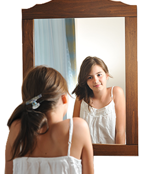 Girl in white tanktop, looking in mirror.