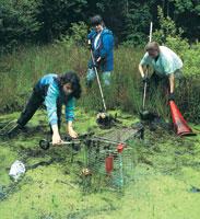 A group of people pulling a shopping cart out of a swamp.